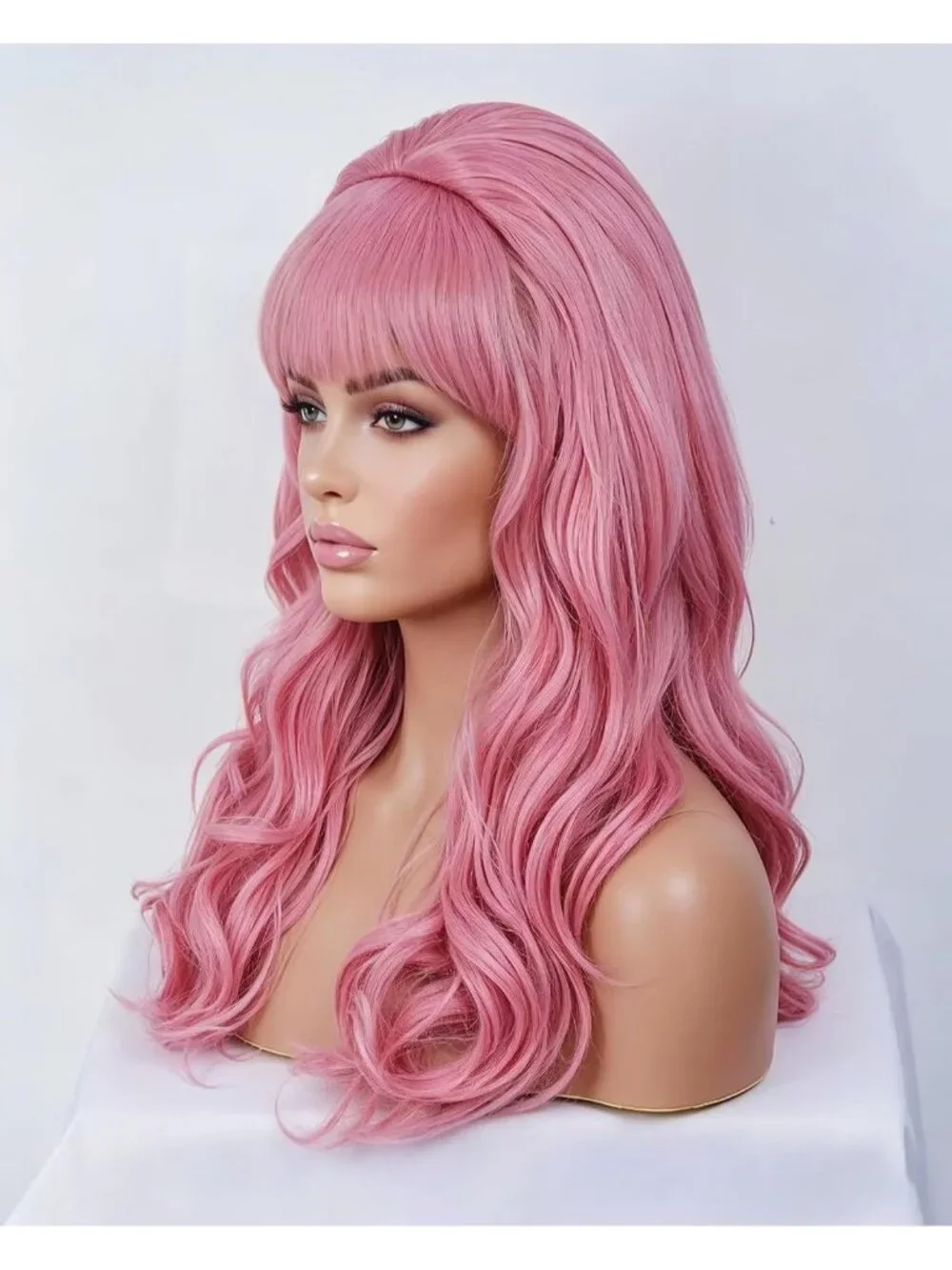 Women's Pink Heat Resistant Synthetic Fiber Retro Long Wavy Wigs Bangs